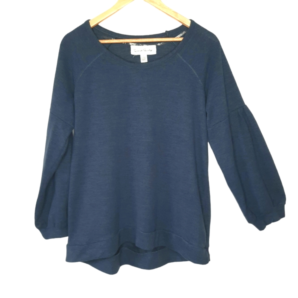 French Laundry Blue Plush Sweater Top Long Puff Sleeve High Low Hem Size Large